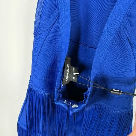 Karen Millen Bandage Knit Fringe Dress Cobalt Blue XS